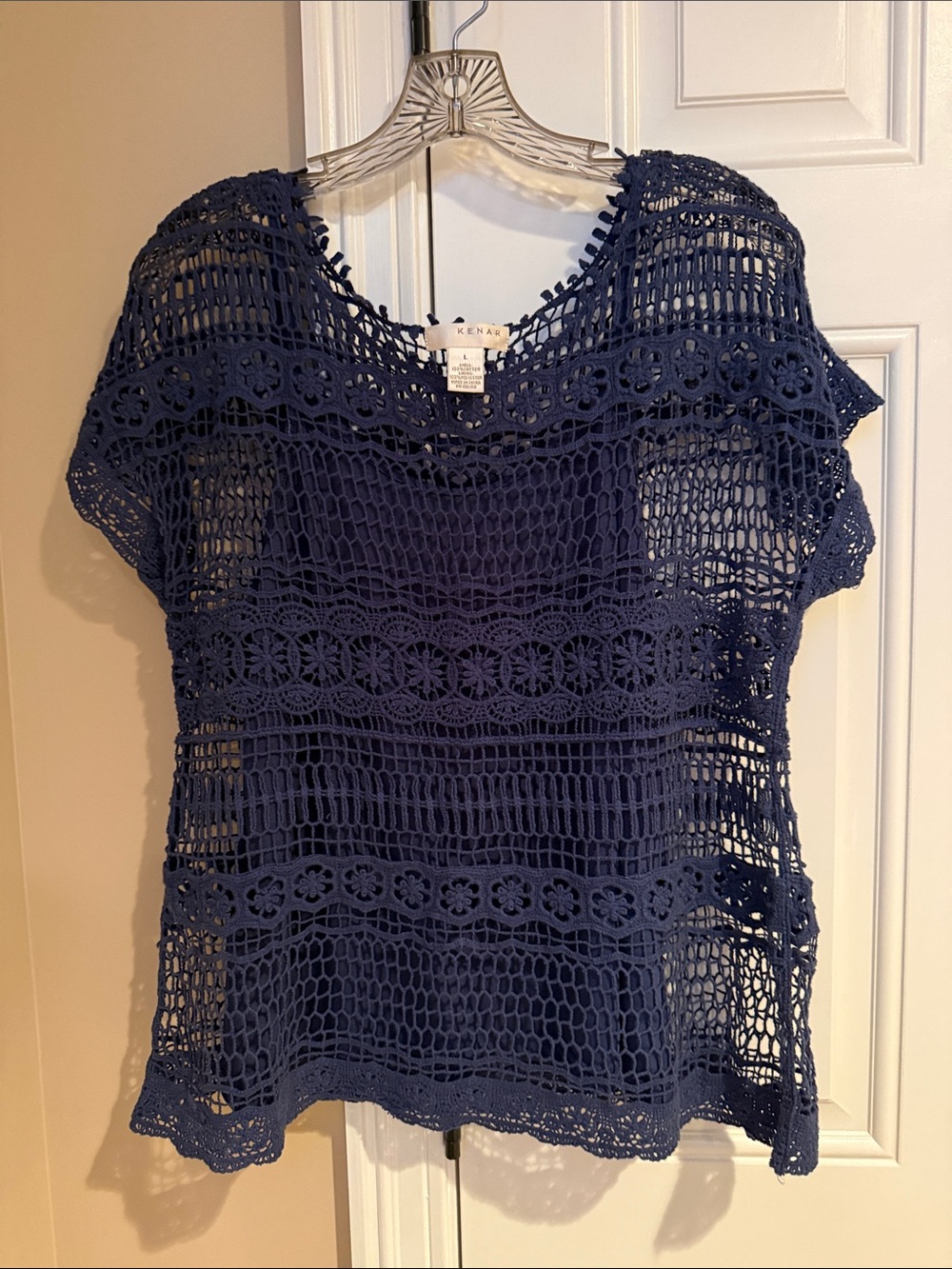 Kenar Navy Crochet Openwork Short Sleeve Tunic